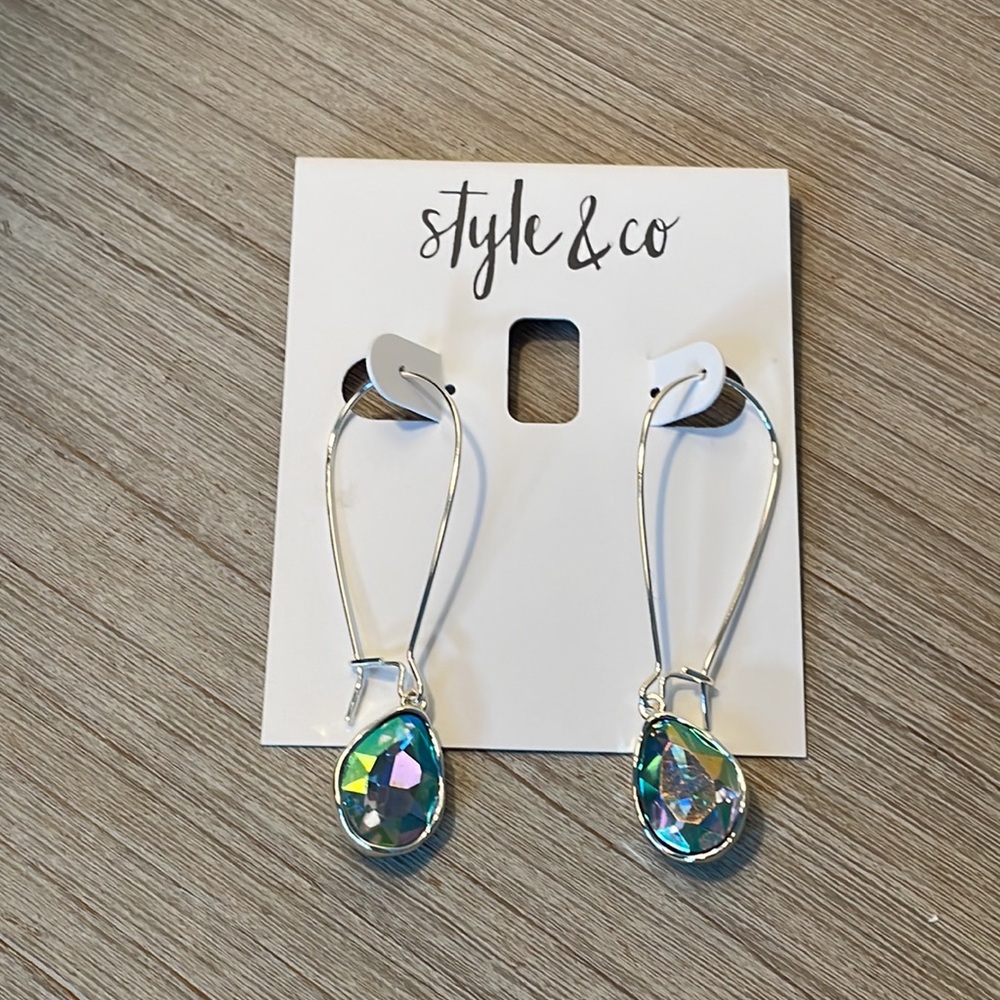 Style & Co Silver Blue Iridescent Wire Drop Dangle Earrings